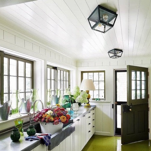 Glasgow Flush Mount Ceiling Lantern - Gunmetal Finish, Pane Glass